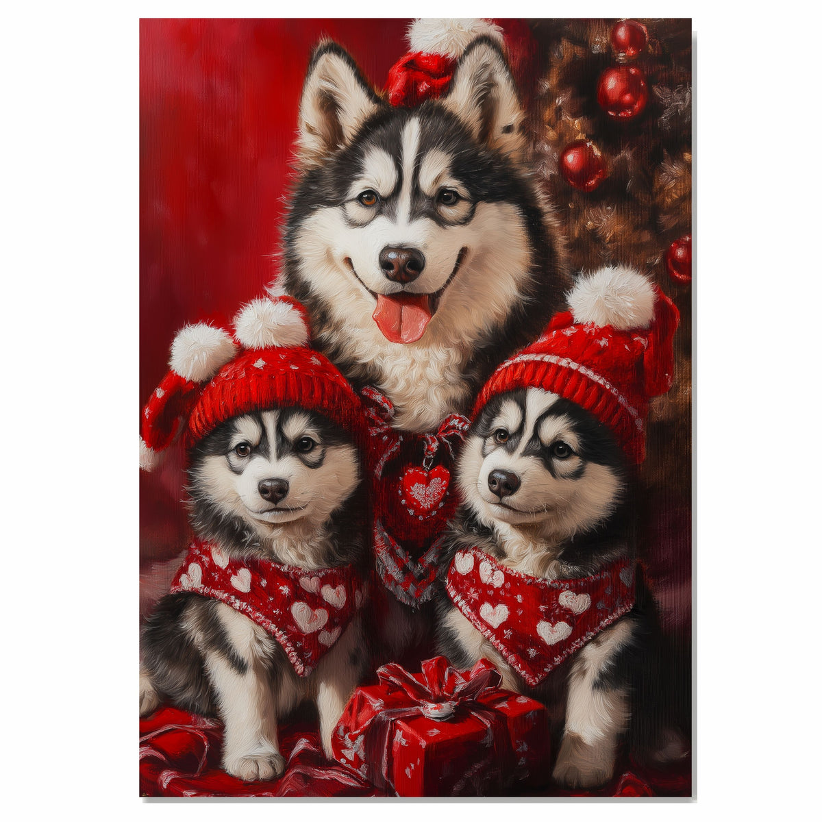 Festive Cheer: Siberian Husky Mom and Her Two Puppies in Cozy Sweaters on Ready to Hang 1.5" Thick Canvas Wrap, Floating Framed Canvas, Flat Rolled Canvas