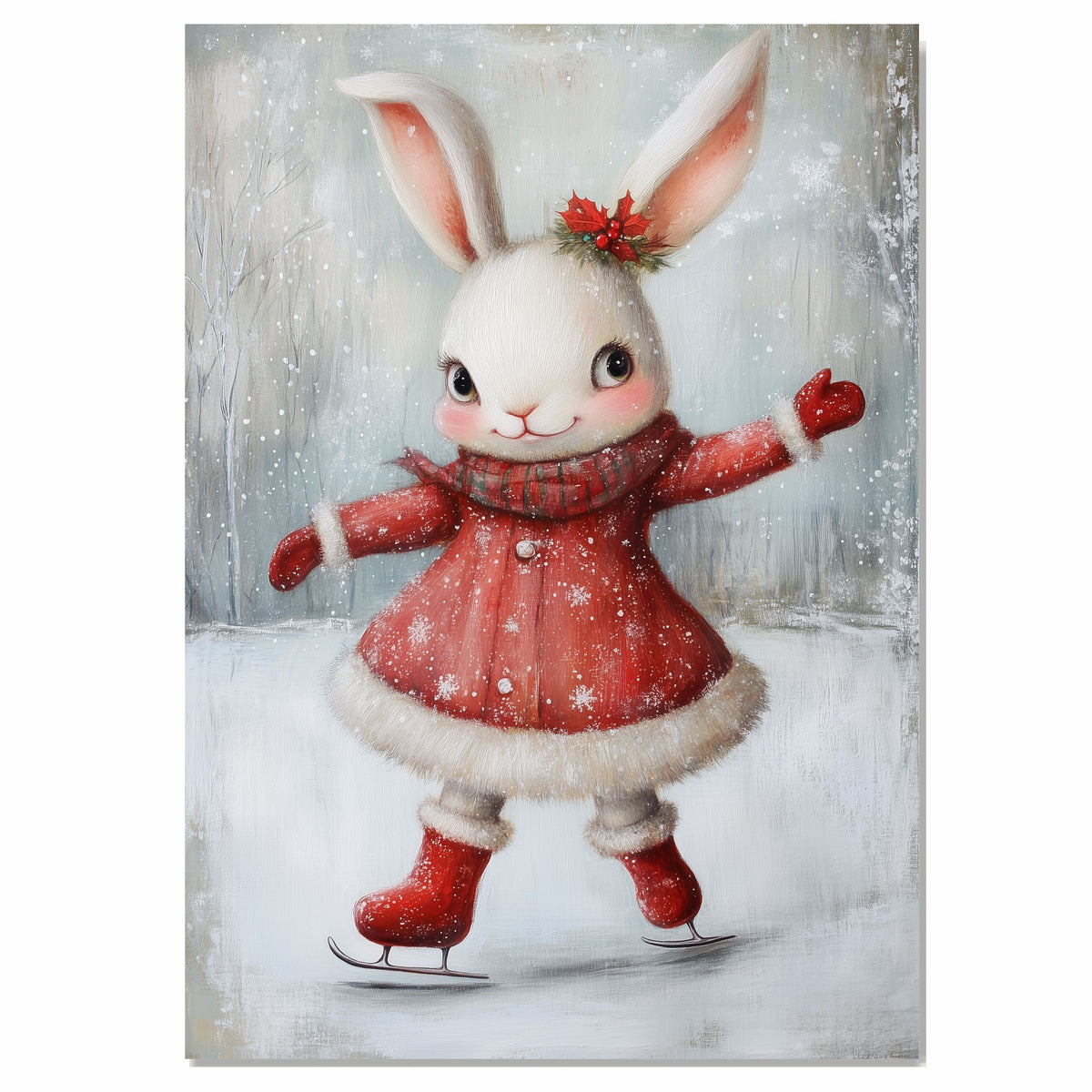 Christmas Wall Art Featuring Adorable Ice Skating Bunny in Red Coat and Holly Bow Whimsical Winter Illustration for Holiday Décor and Cute Animal Art Lovers on Ready to Hang 1.5" Thick Canvas Wrap, Floating Framed Canvas, Flat Rolled Canvas