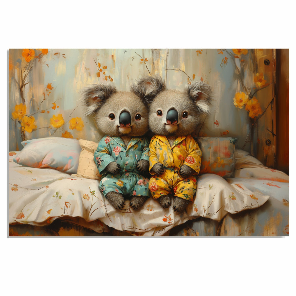 Sweet Painting of Two Koalas in Floral Pajamas Sitting on a Bed Surrounded by Pillows and Yellow Blooms with Soft Expressions and a Cozy Atmosphere on Ready to Hang 1.5" Thick Canvas Wrap, Floating Framed Canvas, Flat Rolled Canvas