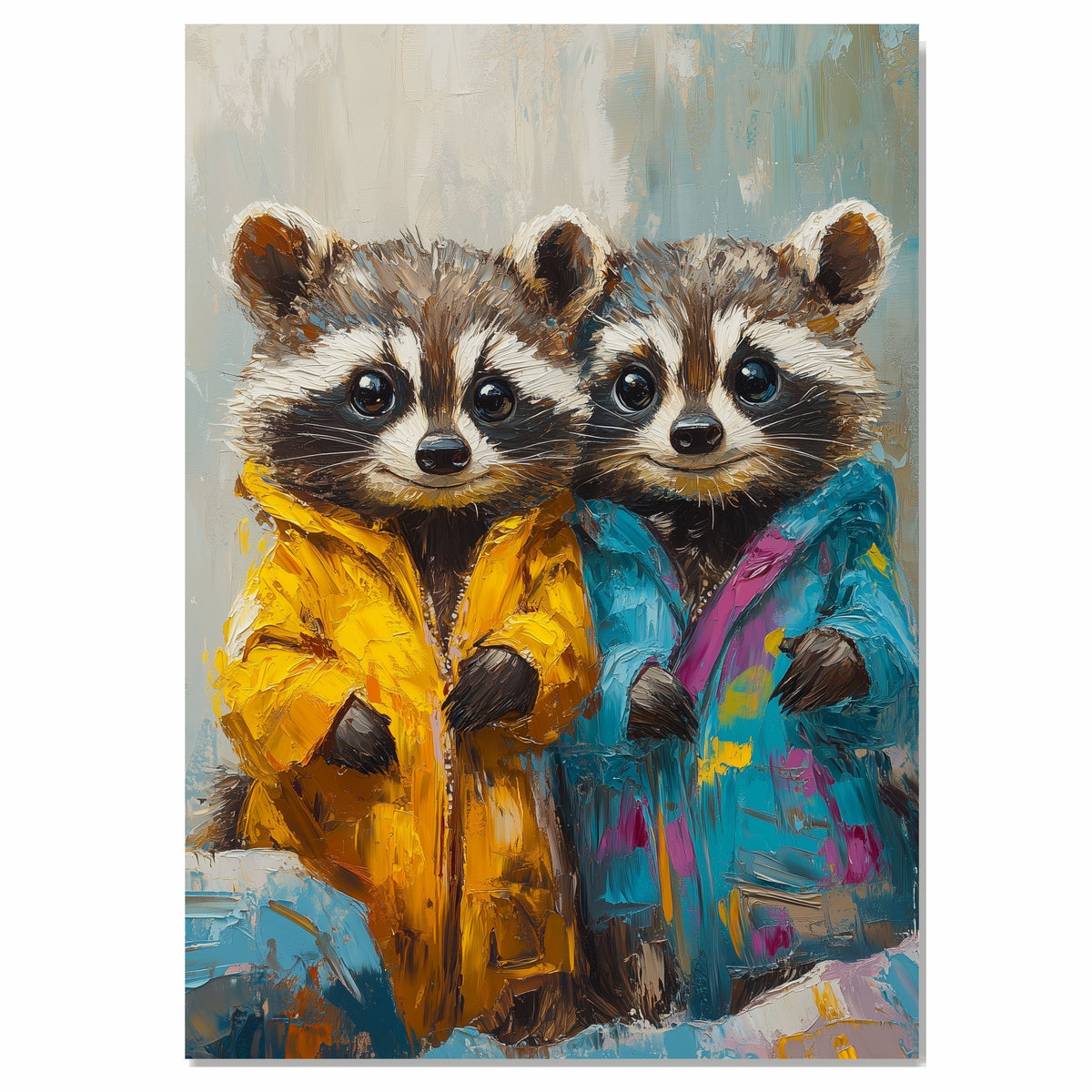 Charming Painting of Two Adorable Raccoons in Colorful Coats with Big Eyes and Sweet Expressions Ideal for Kids Rooms or Animal Lovers and Whimsical Art Fans on Ready to Hang 1.5" Thick Canvas Wrap, Floating Framed Canvas, Flat Rolled Canvas