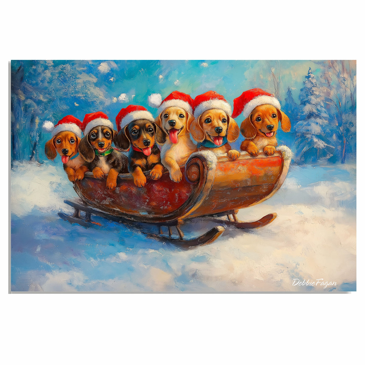 "Dachshund Sleigh Ride" - Adorable Doxie in Santa Hats Enjoying a Joyful Journey Through a Snowy Winter Forest on Ready to Hang 1.5" Thick Canvas Wrap, Floating Framed Canvas, Flat Rolled Canvas