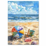 Watercolor Beach Scene with Colorful Ball Green Bucket Shells and Wooden Shovel on Sandy Shore with Waves and Sky on Ready to Hang 1.5" Thick Canvas Wrap, Floating Framed Canvas, Flat Rolled Canvas