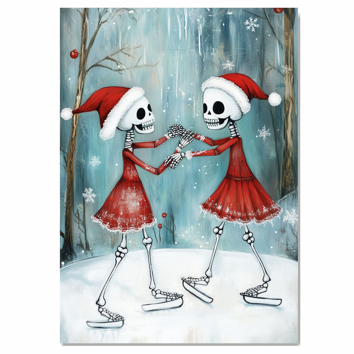 Whimsical Skeleton Ice Skating Christmas Art – Festive Gothic Winter Decor with Dancing Skeletons in Red Dresses and Santa Hats, Spooky Cute Holiday Wall Print on Ready to Hang 1.5" Thick Canvas Wrap, Floating Framed Canvas, Flat Rolled Canvas