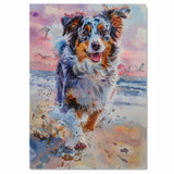 Playful Watercolor Painting of Fluffy Dog Running Along the Shore with Splashes and Seagulls in a Sunset Beach Scene on Ready to Hang 1.5" Thick Canvas Wrap, Floating Framed Canvas, Flat Rolled Canvas