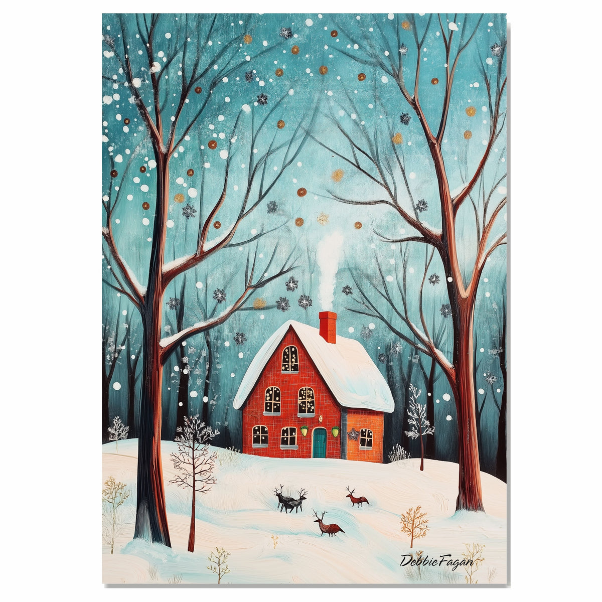 Whimsical Christmas Forest Scene with Red Brick House, Snowy Trees, Reindeer, and Falling Snow Under a Winter Sky on Ready to Hang 1.5" Thick Canvas Wrap, Floating Framed Canvas, Flat Rolled Canvas