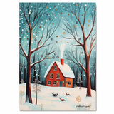 Whimsical Christmas Forest Scene with Red Brick House, Snowy Trees, Reindeer, and Falling Snow Under a Winter Sky on Ready to Hang 1.5" Thick Canvas Wrap, Floating Framed Canvas, Flat Rolled Canvas