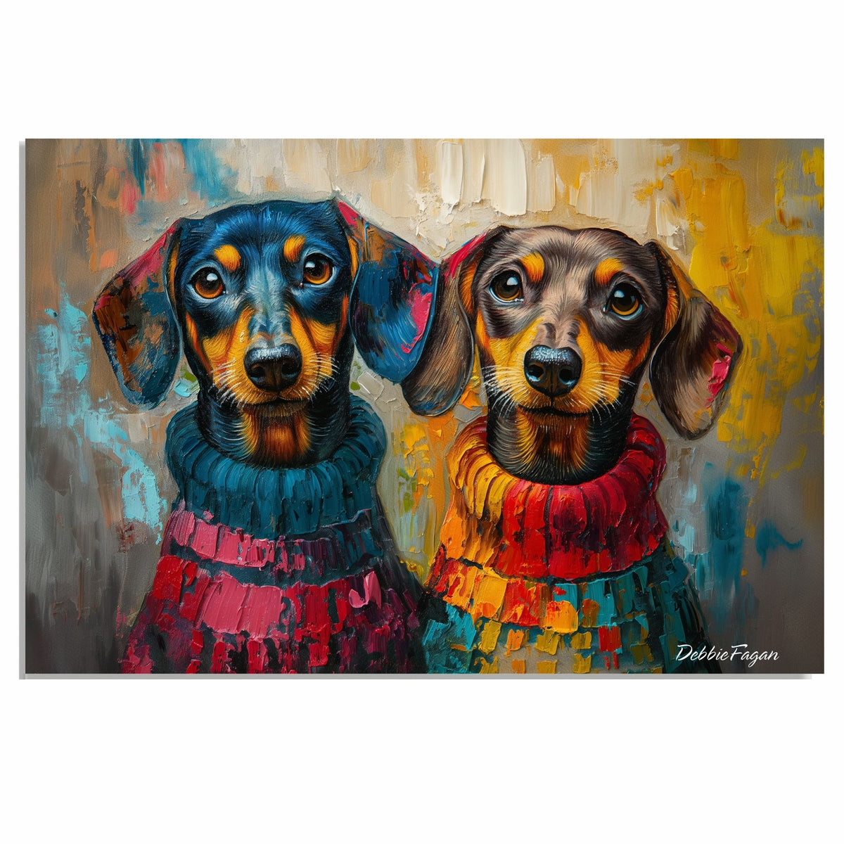 Dachshund Christmas Canvas - "Dapper Doxies" - Cute Colorful Wieners in Cozy Sweaters on Ready to Hang 1.5" Thick Canvas Wrap, Floating Framed Canvas, Flat Rolled Canvas