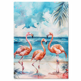 Watercolor Flamingos at Beach with Tropical Ocean Background and Palm Leaves in Vibrant Colors on Ready to Hang 1.5" Thick Canvas Wrap, Floating Framed Canvas, Flat Rolled Canvas