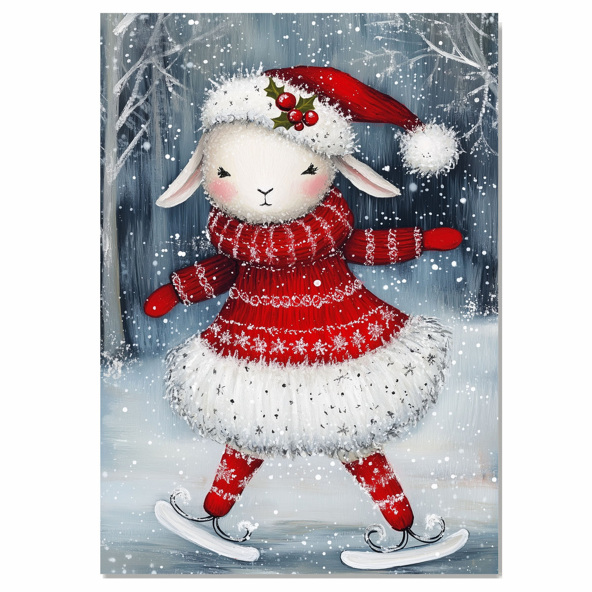 Whimsical Christmas Lamb Ice Skating in Red Sweater Dress and Santa Hat – Adorable Holiday Animal Artwork for Seasonal Decor, Nursery Walls, or Winter Gifts on Ready to Hang 1.5" Thick Canvas Wrap, Floating Framed Canvas, Flat Rolled Canvas