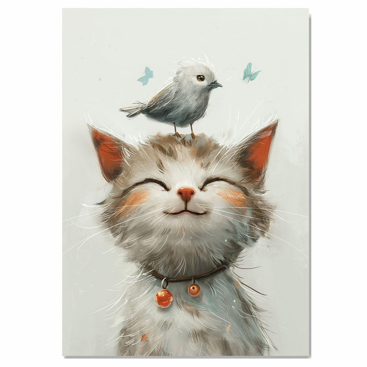 Delightful Painting of a Smiling Kitten with a White Bird on Its Head and Bells on Its Collar Perfect for Whimsical Decor or Gifts for Cat and Animal Lovers on Ready to Hang 1.5" Thick Canvas Wrap, Floating Framed Canvas, Flat Rolled Canvas
