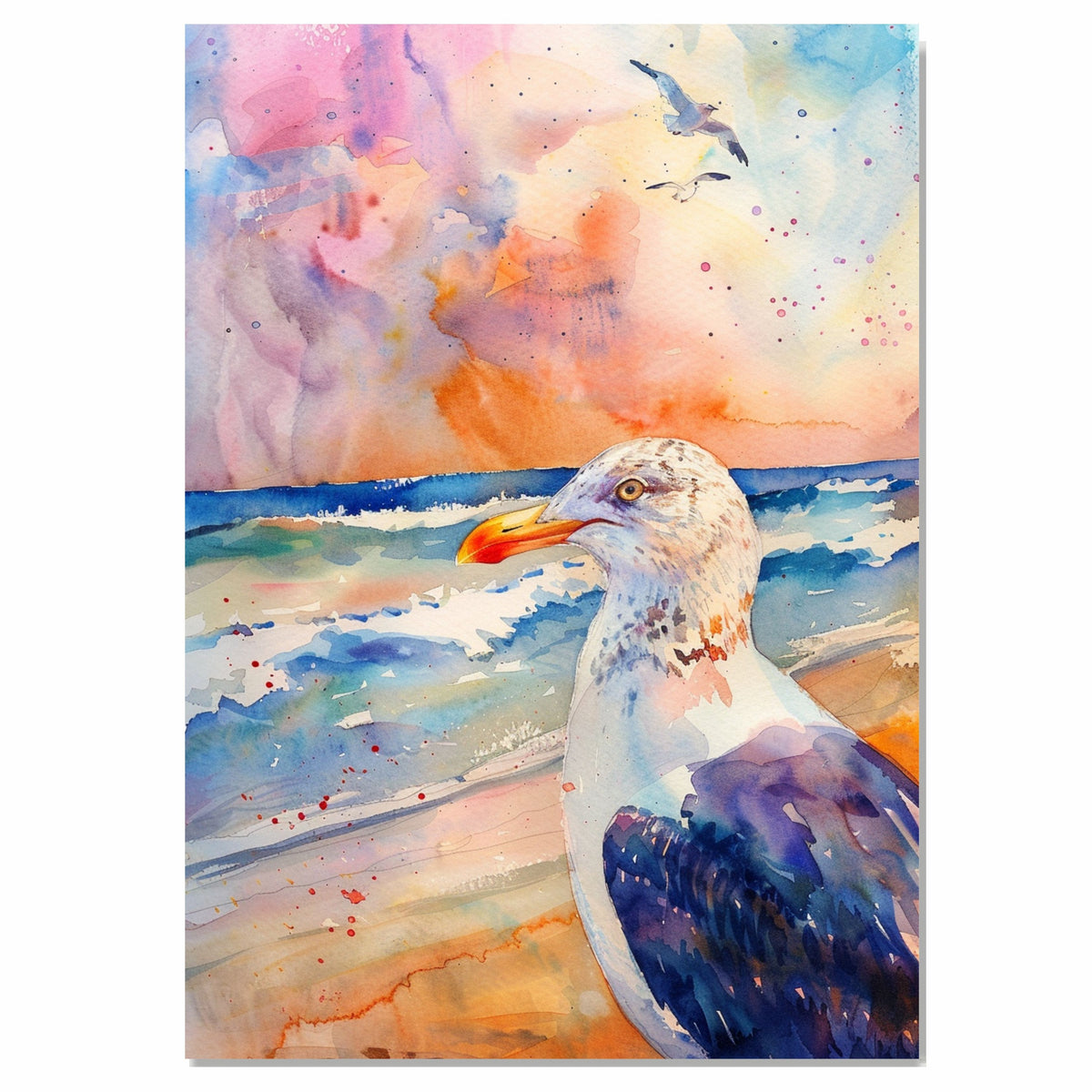 Watercolor Seagull by Ocean Waves with Vibrant Sunset Sky in a Coastal Wildlife Seaside Scene on Ready to Hang 1.5" Thick Canvas Wrap, Floating Framed Canvas, Flat Rolled Canvas