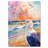 Watercolor Seagull by Ocean Waves with Vibrant Sunset Sky in a Coastal Wildlife Seaside Scene on Ready to Hang 1.5" Thick Canvas Wrap, Floating Framed Canvas, Flat Rolled Canvas