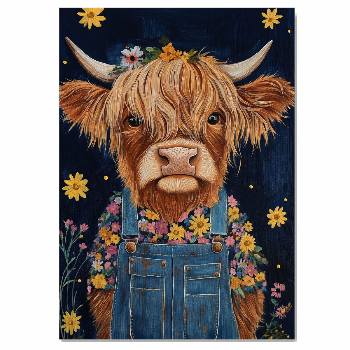 Highland Cow Wall Art Happy Cow in Overalls with Flowers Whimsical Rustic Farmhouse Decor for Kids Room Bedroom or Gift for Cow and Animal Art Lovers on Ready to Hang 1.5" Thick Canvas Wrap, Floating Framed Canvas, Flat Rolled Canvas