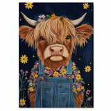 Highland Cow Wall Art Happy Cow in Overalls with Flowers Whimsical Rustic Farmhouse Decor for Kids Room Bedroom or Gift for Cow and Animal Art Lovers on Ready to Hang 1.5" Thick Canvas Wrap, Floating Framed Canvas, Flat Rolled Canvas