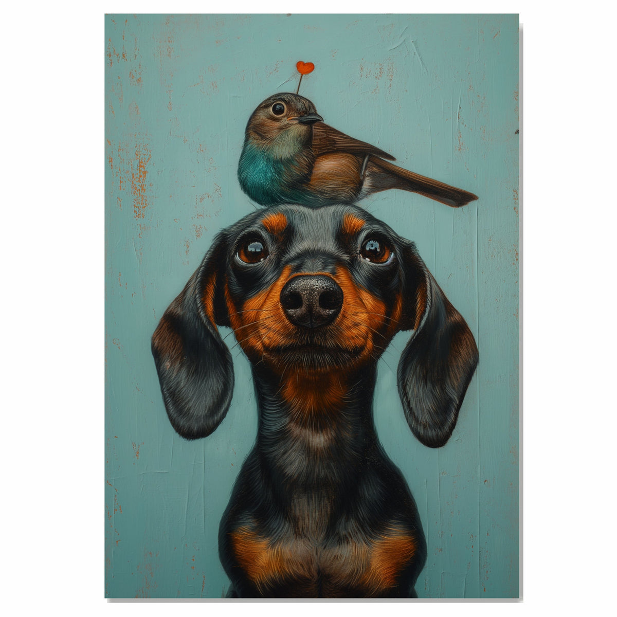 Playful Black and Tan Dachshund with Colorful Bird on Head Whimsical Pet Illustration for Nursery or Kids Room Fun Art Print for Dog and Animal Lovers on Ready to Hang 1.5" Thick Canvas Wrap, Floating Framed Canvas, Flat Rolled Canvas