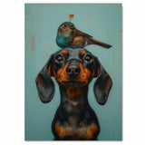 Playful Black and Tan Dachshund with Colorful Bird on Head Whimsical Pet Illustration for Nursery or Kids Room Fun Art Print for Dog and Animal Lovers on Ready to Hang 1.5" Thick Canvas Wrap, Floating Framed Canvas, Flat Rolled Canvas