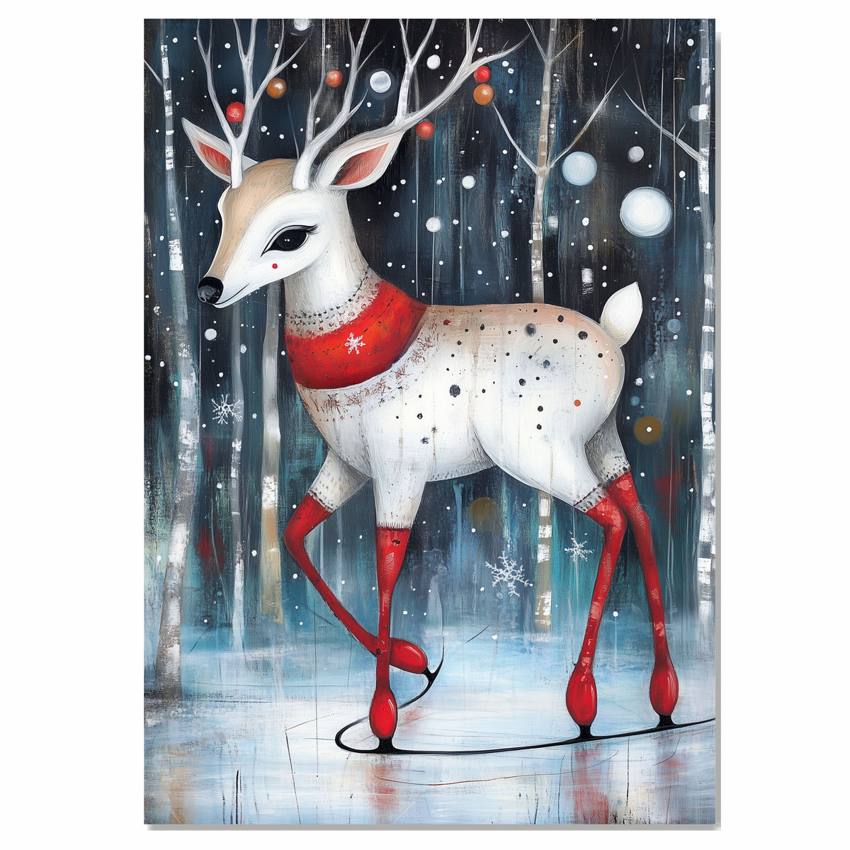 Whimsical Christmas Deer Ice Skating Winter Forest Illustration Red Scarf and Antlers Festive Animal Art Print for Holiday Decor Kids Room or Nursery on Ready to Hang 1.5" Thick Canvas Wrap, Floating Framed Canvas, Flat Rolled Canvas