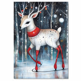 Whimsical Christmas Deer Ice Skating Winter Forest Illustration Red Scarf and Antlers Festive Animal Art Print for Holiday Decor Kids Room or Nursery on Ready to Hang 1.5" Thick Canvas Wrap, Floating Framed Canvas, Flat Rolled Canvas