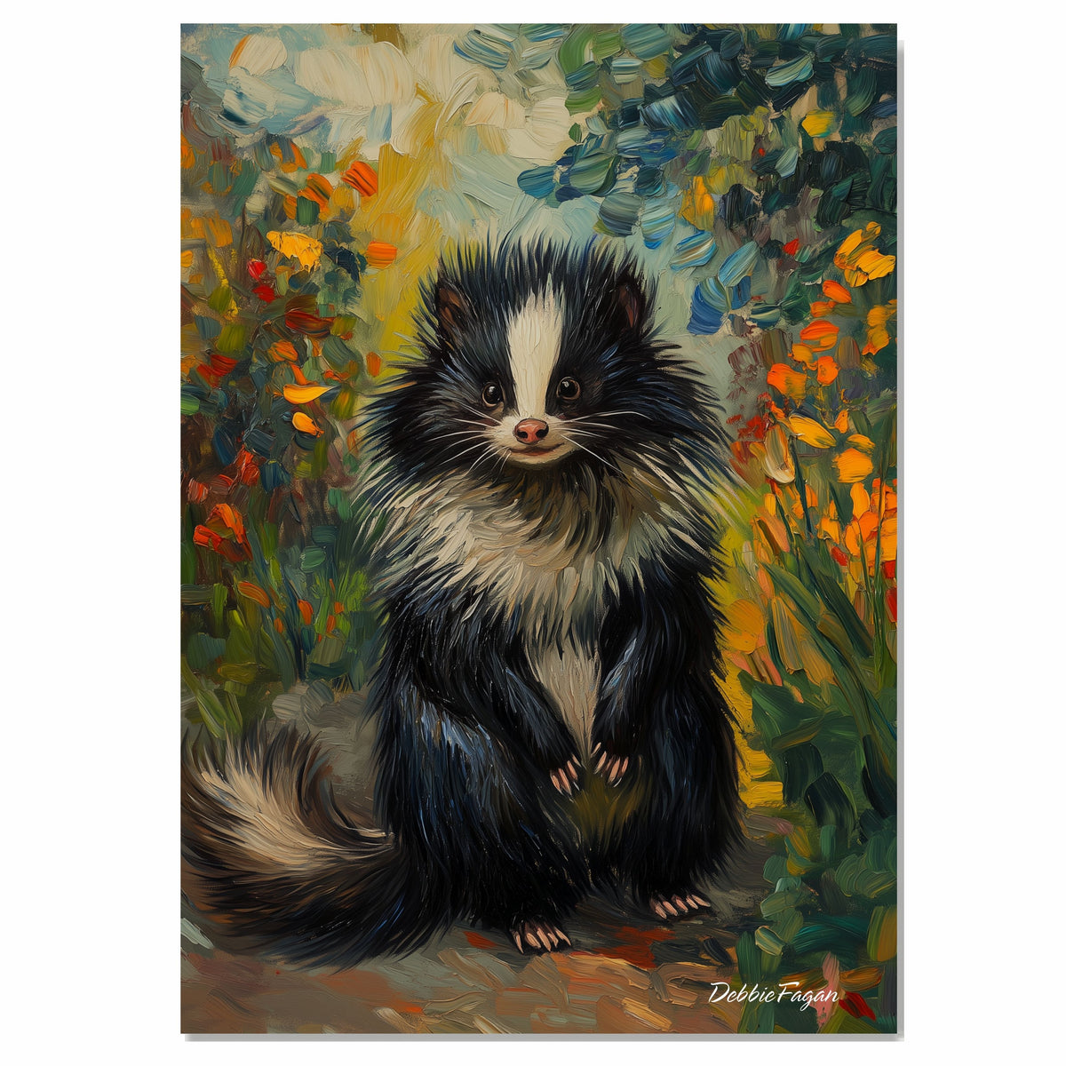 Van Gogh Style Fluffy Skunk Canvas – Vibrant Woodland Animal Portrait with Colorful Floral Background on Ready to Hang 1.5" Thick Canvas Wrap, Floating Framed Canvas, Flat Rolled Canvas