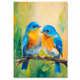 Charming Bluebird Pair Artwork Featuring Bright Blue and Orange Plumage Perched on a Branch with a Soft Green and Yellow Nature-Inspired Background on Ready to Hang 1.5" Thick Canvas Wrap, Floating Framed Canvas, Flat Rolled Canvas