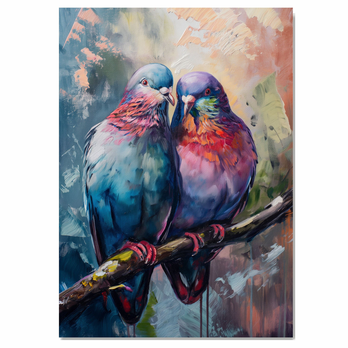 Two Colorful Pigeons Sitting Together on a Branch with Iridescent Feathers in Soft Pastel Background Highlighting Their Unique Plumage and Companionship on Ready to Hang 1.5" Thick Canvas Wrap, Floating Framed Canvas, Flat Rolled Canvas
