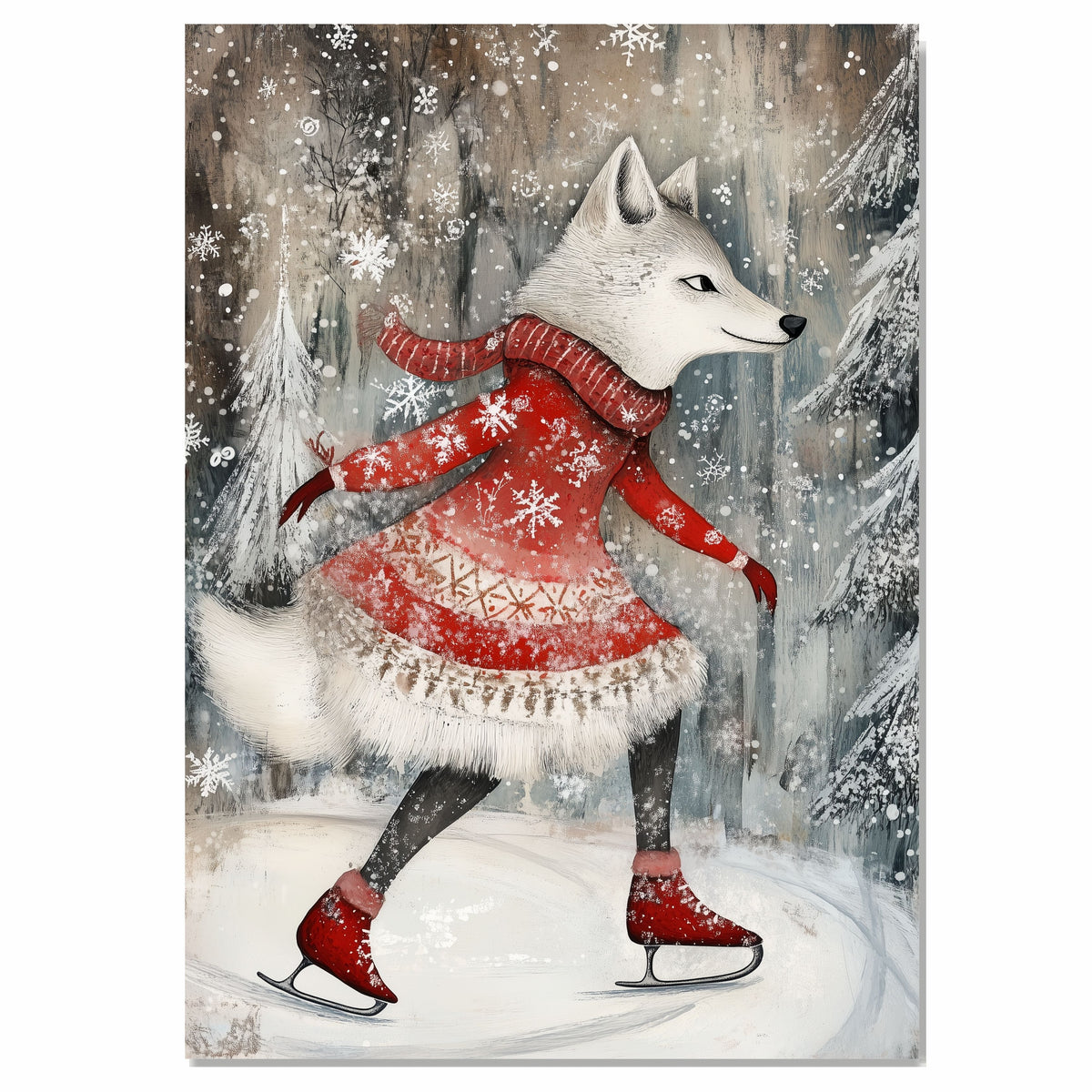Whimsical Christmas Wolf Ice Skating Print – Woodland Animal Winter Art in Red Snowflake Dress, Cozy Holiday Nursery Wall Decor or Gift for Animal Lovers on Ready to Hang 1.5" Thick Canvas Wrap, Floating Framed Canvas, Flat Rolled Canvas