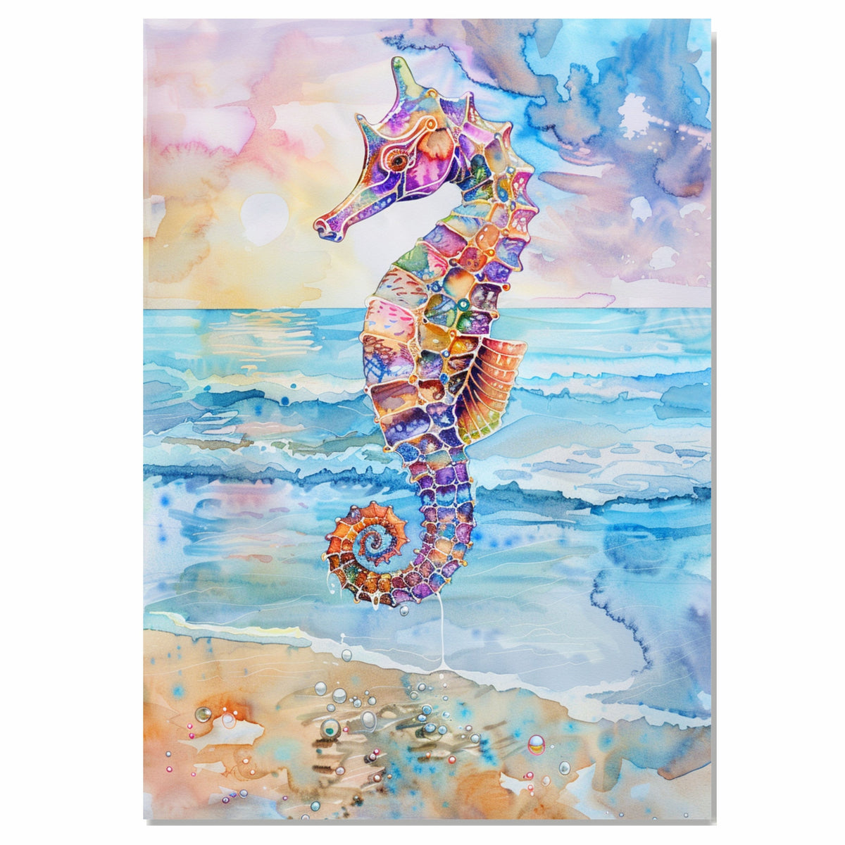 Whimsical Watercolor Painting of a Jewel-Toned Seahorse with Ocean Waves and Sunset Sky on Ready to Hang 1.5" Thick Canvas Wrap, Floating Framed Canvas, Flat Rolled Canvas