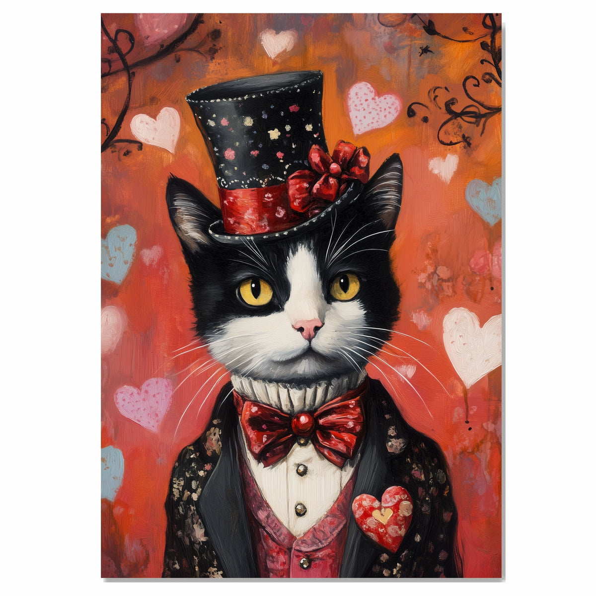 Aristocratic Feline: Tuxedo Cat in a Refined Hat and European Elegant Suit Sophisticated Classic Painting on Ready to Hang 1.5" Thick Canvas Wrap, Floating Framed Canvas, Flat Rolled Canvas