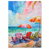 Colorful Watercolor Beach Chairs & Umbrellas – Oceanfront Coastal Art Print on Ready to Hang 1.5" Thick Canvas Wrap, Floating Framed Canvas, Flat Rolled Canvas