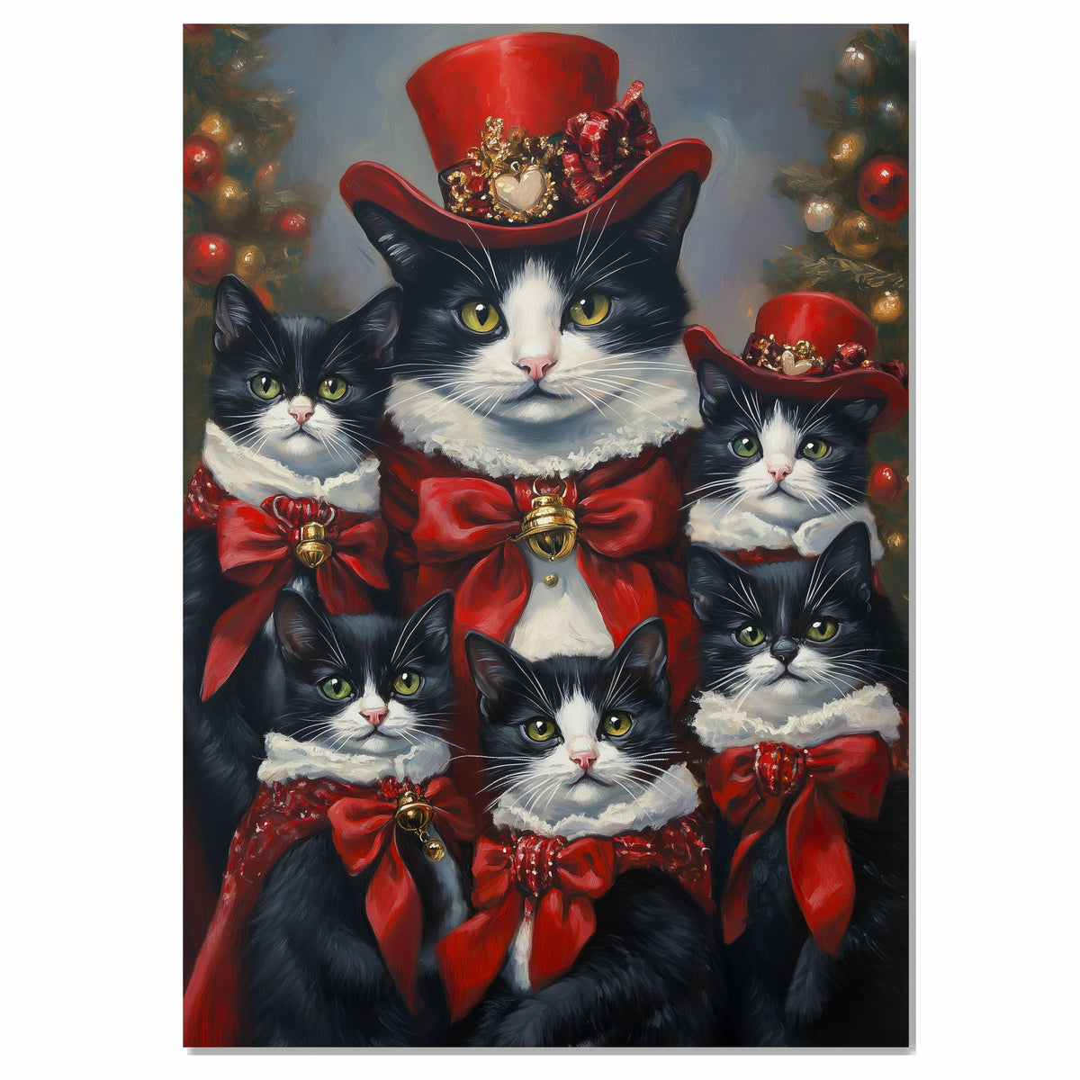 Festive Whiskers: Tuxedo Cat Mom with Five Kittens Adorned in Red Ribbons on Ready to Hang 1.5" Thick Canvas Wrap, Floating Framed Canvas, Flat Rolled Canvas