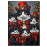 Festive Whiskers: Tuxedo Cat Mom with Five Kittens Adorned in Red Ribbons on Ready to Hang 1.5" Thick Canvas Wrap, Floating Framed Canvas, Flat Rolled Canvas