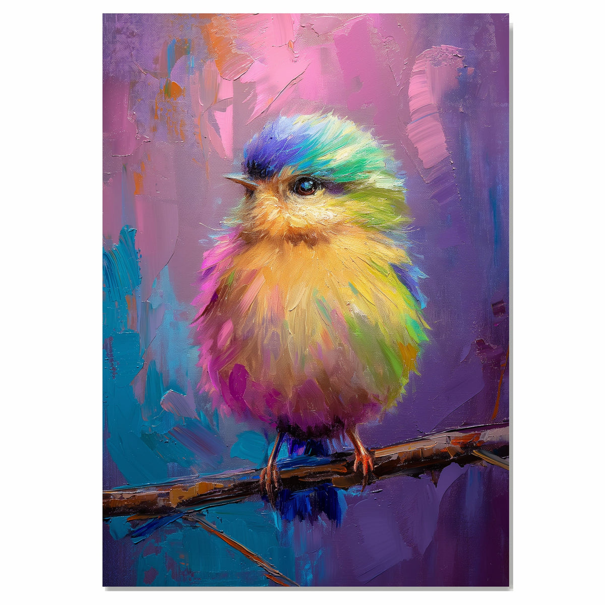 Expressive Portrait of a Colorful Baby Bird on Branch in Abstract Blue and Pink Brushstrokes for Modern Art Lovers and Bold Room Statements on Ready to Hang 1.5" Thick Canvas Wrap, Floating Framed Canvas, Flat Rolled Canvas