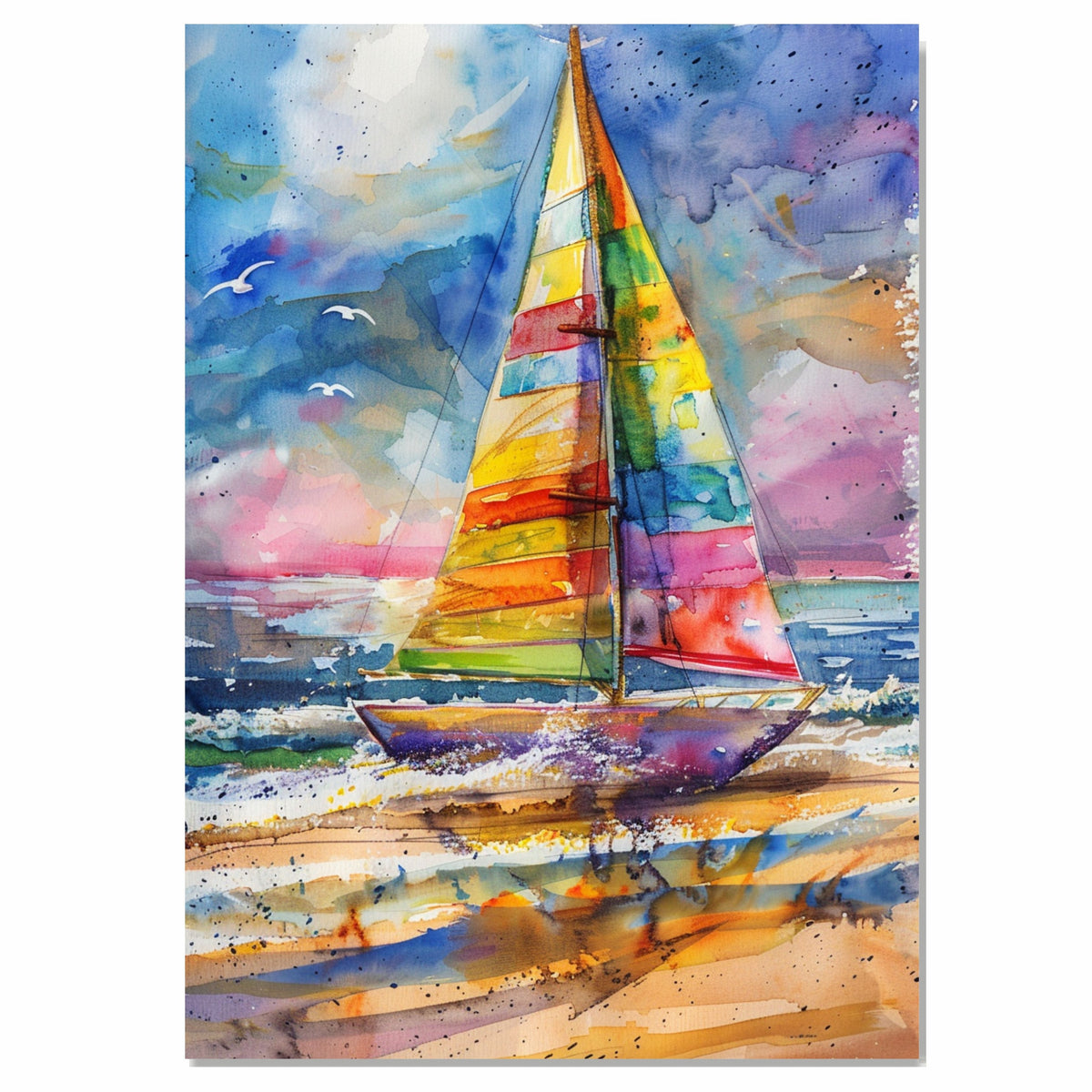 Vibrant Sailboat Watercolor Painting with Ocean Waves, Colorful Sky, and Reflections on the Shore on Ready to Hang 1.5" Thick Canvas Wrap, Floating Framed Canvas, Flat Rolled Canvas