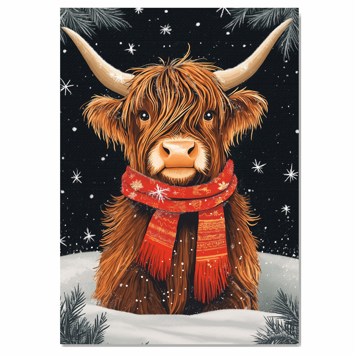 "Highland Winter Charm" - Highland Cow in Red Scarf Resting in Snow on Ready to Hang 1.5" Thick Canvas Wrap, Floating Framed Canvas, Flat Rolled Canvas