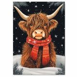 "Highland Winter Charm" - Highland Cow in Red Scarf Resting in Snow on Ready to Hang 1.5" Thick Canvas Wrap, Floating Framed Canvas, Flat Rolled Canvas