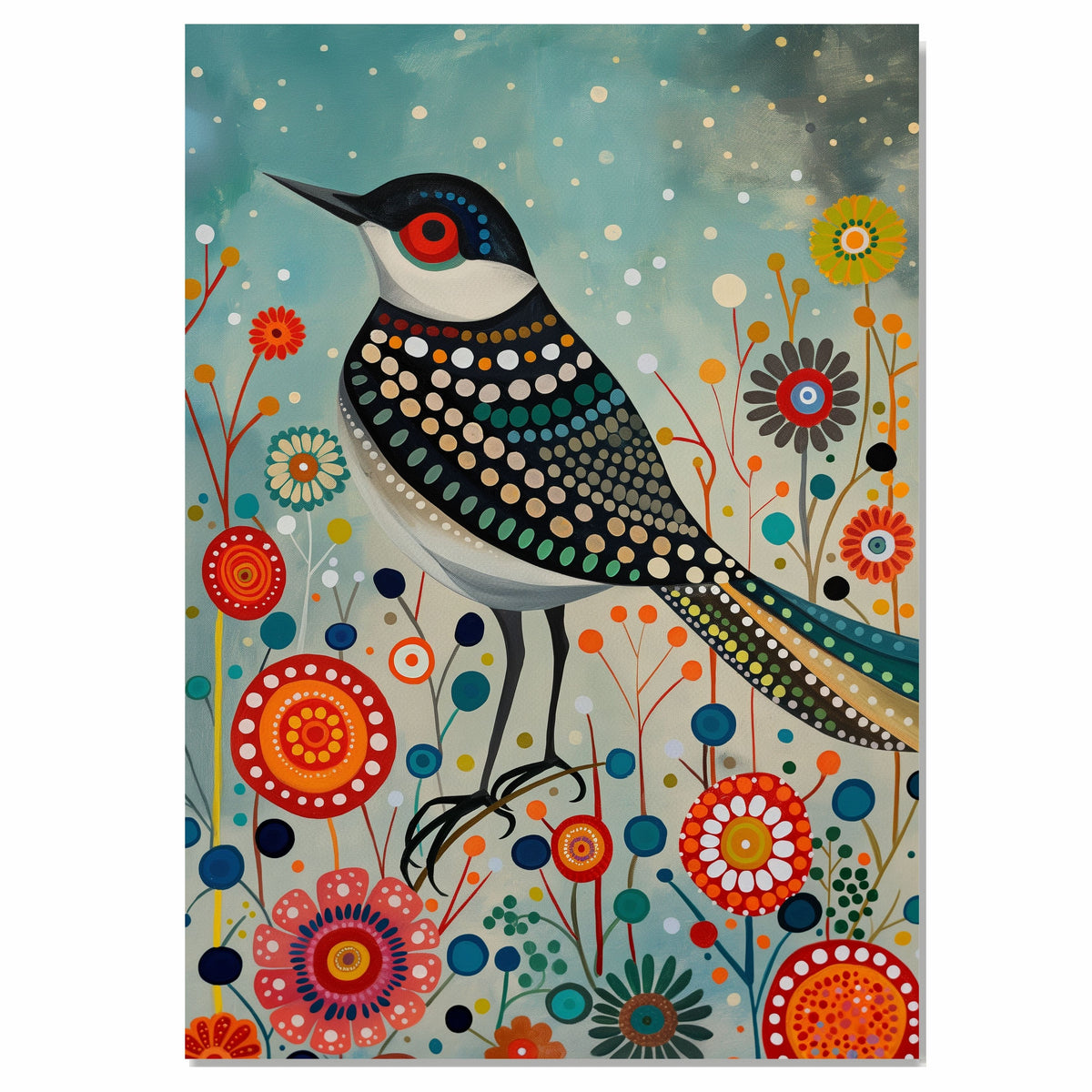 Whimsical Painting of a Colorful Bird with Dotted Feathers Standing Among Bright Abstract Flowers Ideal for Nature Lovers or Vibrant Home Accents on Ready to Hang 1.5" Thick Canvas Wrap, Floating Framed Canvas, Flat Rolled Canvas