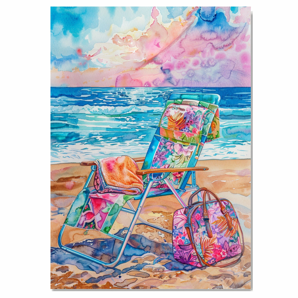 Watercolor Painting of Colorful Reclining Beach Chair with Floral Bag and Blanket on Sand Overlooking Ocean at Sunset on Ready to Hang 1.5" Thick Canvas Wrap, Floating Framed Canvas, Flat Rolled Canvas
