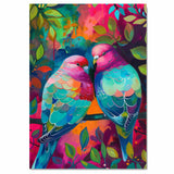 Vivid Lovebirds with Colorful Plumage on a Branch in a Bright Tropical Forest Scene on Ready to Hang 1.5" Thick Canvas Wrap, Floating Framed Canvas, Flat Rolled Canvas