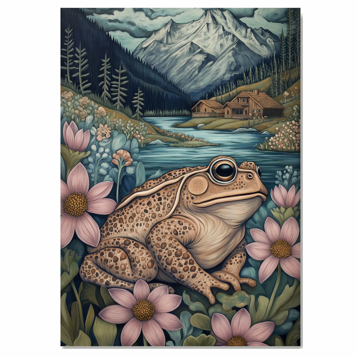 Peaceful Toad by River in Mountain Landscape Hand Painted Art Tranquil Nature Scene Perfect for Home Wall Decor Living Room Bedroom Office or Nature Lovers on Ready to Hang 1.5" Thick Canvas Wrap, Floating Framed Canvas, Flat Rolled Canvas