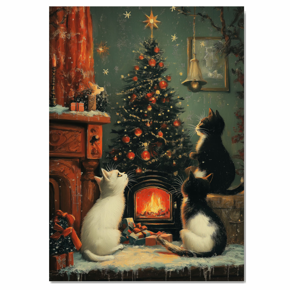 Vintage Christmas Cats Canvas Wall Art Cozy Fireplace Tree Festive