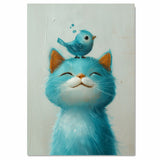 Sweet Blue Cat with Tiny Blue Bird on Head Cute and Whimsical Animal Illustration for Nursery or Kids Room Art Print Perfect for Cat and Bird Lovers on Ready to Hang 1.5" Thick Canvas Wrap, Floating Framed Canvas, Flat Rolled Canvas