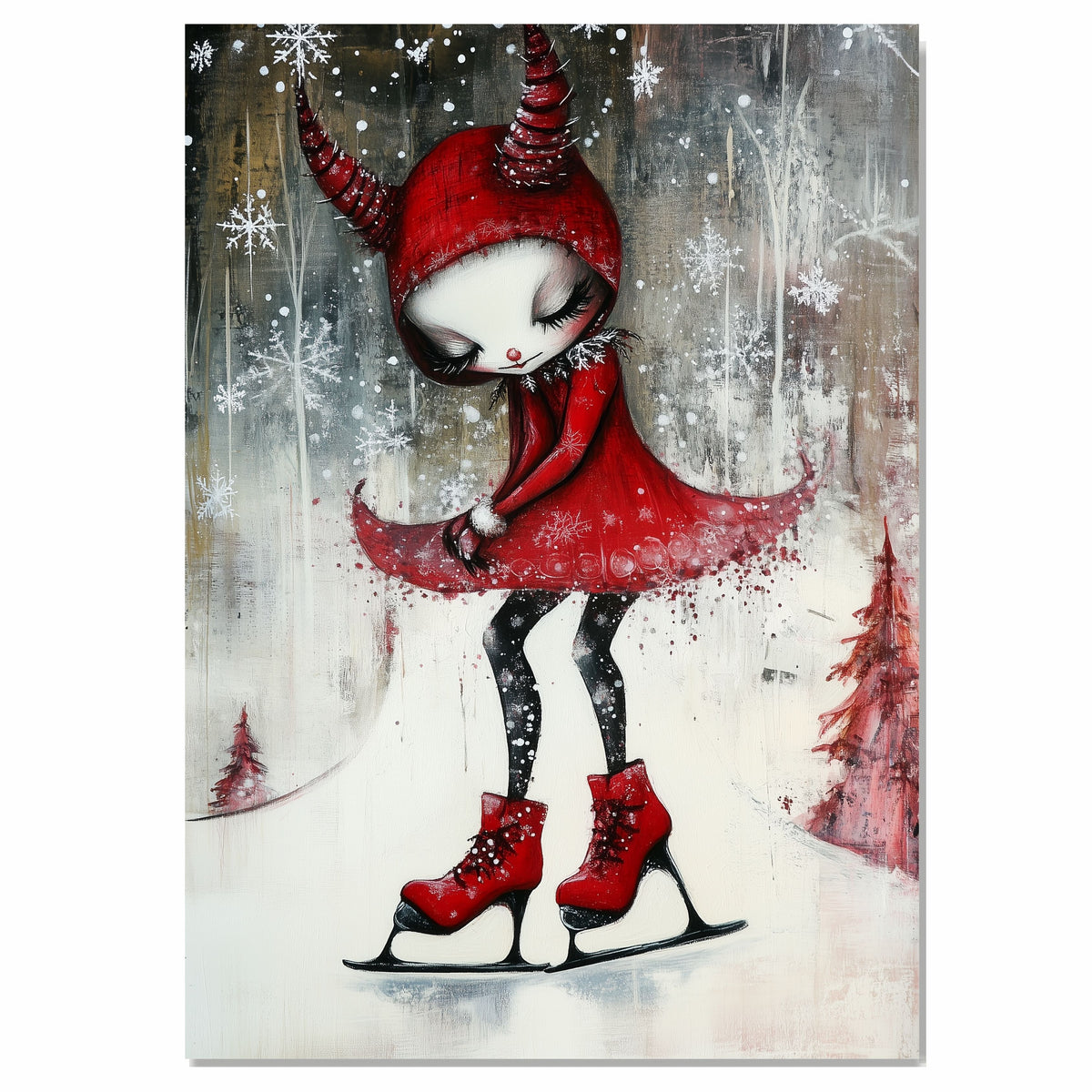 Whimsical Christmas Devil Girl Ice Skating in Red Hood and Dress Fantasy Winter Art Print or Canvas for Holiday Decor and Unique Gothic Gift on Ready to Hang 1.5" Thick Canvas Wrap, Floating Framed Canvas, Flat Rolled Canvas