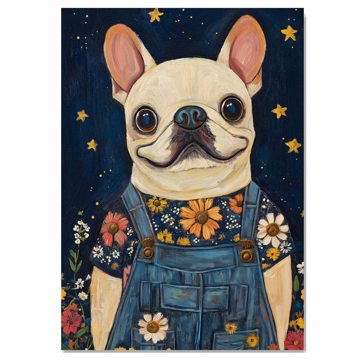 French Bulldog in Denim Overalls and Floral Shirt Dog Art for Nursery Farmhouse Bedroom Living Room Dog Lover Gift Whimsical Animal Decor on Ready to Hang 1.5" Thick Canvas Wrap, Floating Framed Canvas, Flat Rolled Canvas