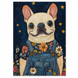 French Bulldog in Denim Overalls and Floral Shirt Dog Art for Nursery Farmhouse Bedroom Living Room Dog Lover Gift Whimsical Animal Decor on Ready to Hang 1.5" Thick Canvas Wrap, Floating Framed Canvas, Flat Rolled Canvas