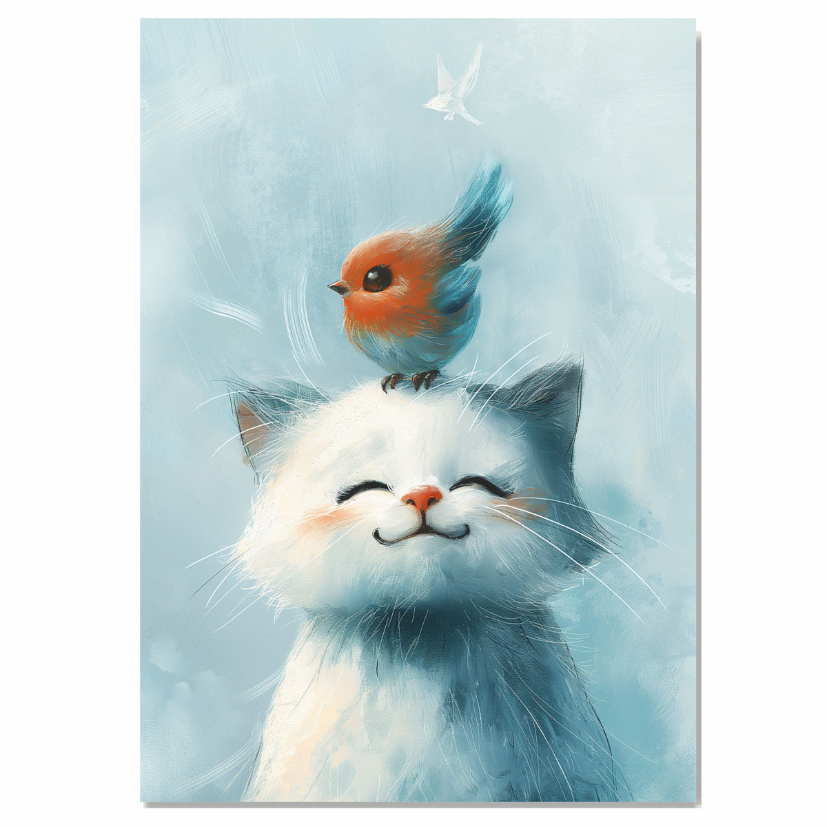 Smiling White Cat with Colorful Bird on Head Playful Animal Art for Kids Room Nursery and Cat Lovers Whimsical Gift for Animal and Nature Enthusiasts on Ready to Hang 1.5" Thick Canvas Wrap, Floating Framed Canvas, Flat Rolled Canvas