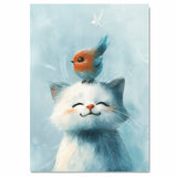 Smiling White Cat with Colorful Bird on Head Playful Animal Art for Kids Room Nursery and Cat Lovers Whimsical Gift for Animal and Nature Enthusiasts on Ready to Hang 1.5" Thick Canvas Wrap, Floating Framed Canvas, Flat Rolled Canvas