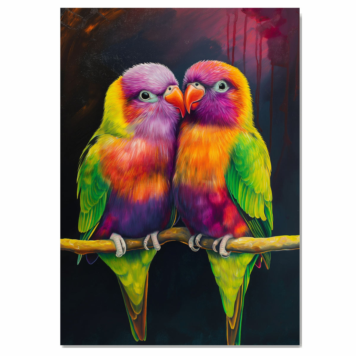 Vivid Lovebird Pair Artwork Featuring Rainbow Feathers in Purple Green Yellow and Orange on a Branch Against a Deep Dark Background with Artistic Flair on Ready to Hang 1.5" Thick Canvas Wrap, Floating Framed Canvas, Flat Rolled Canvas