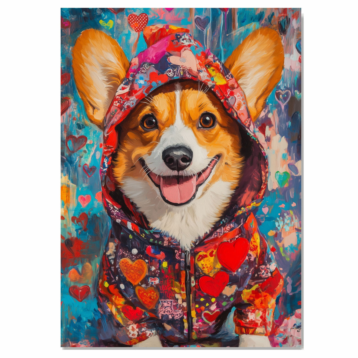 Playful Affection: Corgi in a Colorful Heart-Patterned Hoodie Whimsical Romantic Painting on Ready to Hang 1.5" Thick Canvas Wrap, Floating Framed Canvas, Flat Rolled Canvas