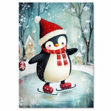 Whimsical Christmas Penguin Ice Skating with Santa Hat and Red Scarf – Holiday Winter Animal Art for Nursery, Kids’ Room, Gifts, or Seasonal Wall Display on Ready to Hang 1.5" Thick Canvas Wrap, Floating Framed Canvas, Flat Rolled Canvas