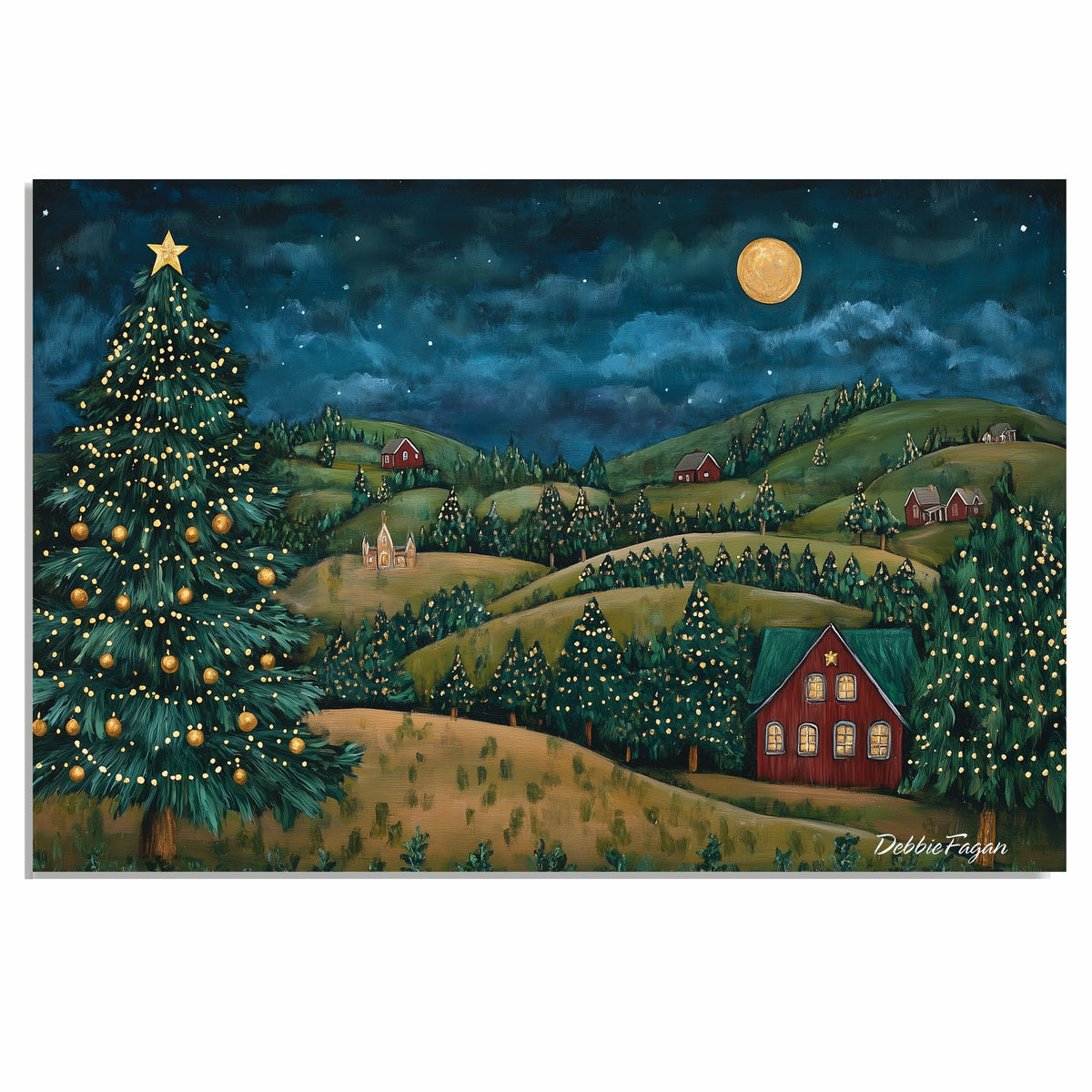 Christmas Eve with Glowing Lights Across Rolling Hills, Cozy Cabins, and a Majestic Tree Under a Starry Moonlit Sky on Ready to Hang 1.5" Thick Canvas Wrap, Floating Framed Canvas, Flat Rolled Canvas